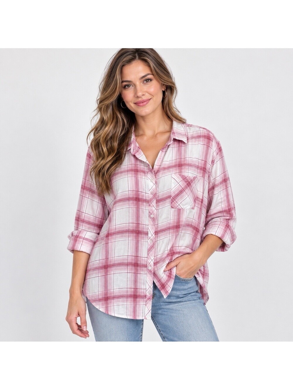 Well Worn Pink Plaid Button Up Shirt XL 100% Viscose Coquette Cottagecore Y2K